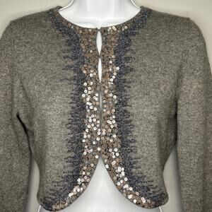 100% Cashmere Y2K Formal Beaded Cropped Grey Neutral Cardigan Womens Sz M